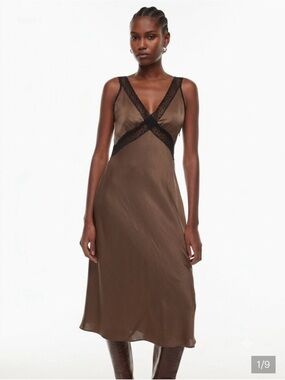 Brown Lace-Trim satin Dress from
